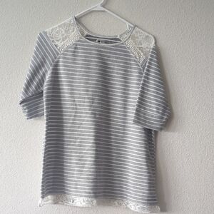 Gray Striped Lace Accent Women's Top